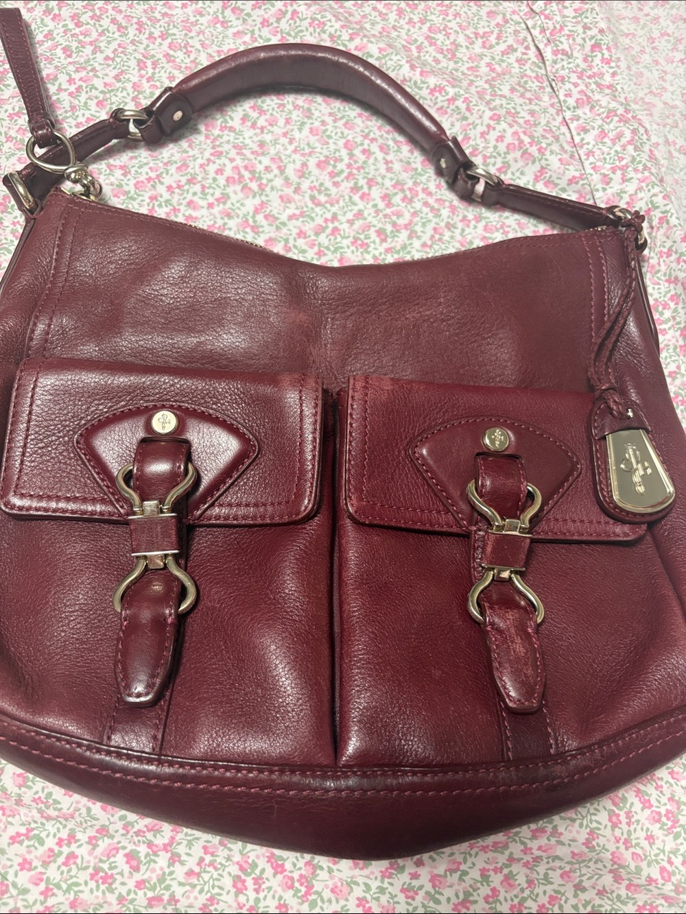 Cole Haan Burgundy Leather Shoulder Bag with Front Flap Pockets